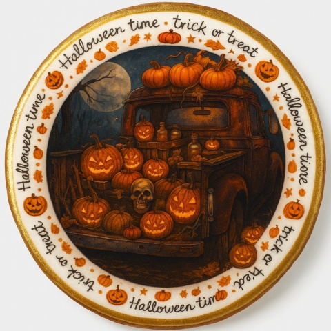Ciastko lukrowane GHOST CAR roz.L KOŁO HALLOWEEN ręcznie robione Ciastko lukrowane GHOST CAR roz.L KOŁO HALLOWEEN ręcznie robione