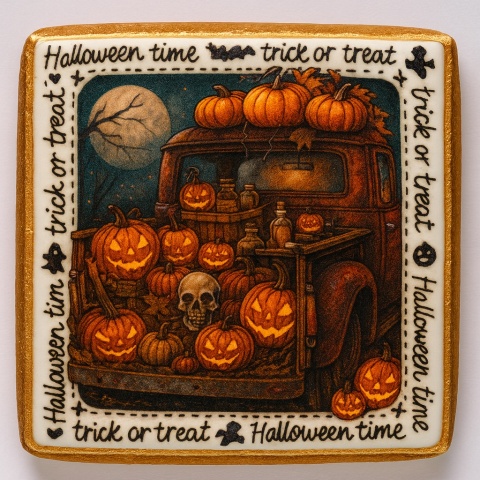 Ciastko lukrowane GHOST CAR roz.S  KWADRAT AT HALLOWEEN ręcznie robione