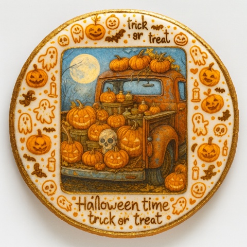 Ciastko lukrowane GHOST NIGHT CAR roz.XL KOŁO HALLOWEEN ręcznie robione Ciastko lukrowane GHOST NIGHT CAR roz.XL KOŁO HALLOWEEN ręcznie robione