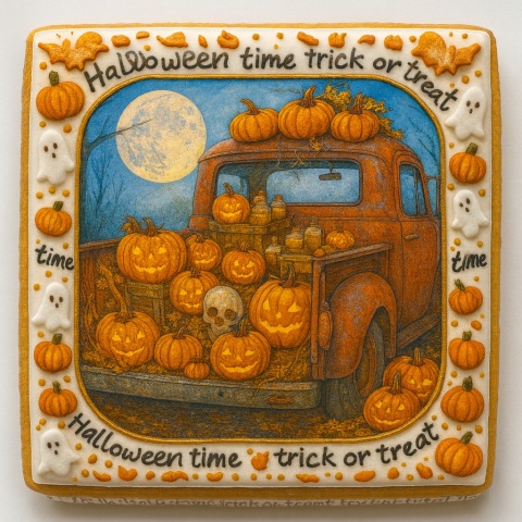 Ciastko lukrowane GHOST NIGHT CAR roz.XL KWADRAT HALLOWEEN ręcznie robione Ciastko lukrowane GHOST NIGHT CAR roz.XL KWADRAT HALLOWEEN ręcznie robione