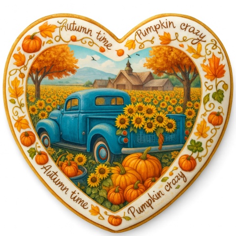 Ciastko lukrowane SUNFLOWERS PUMPKINS roz.M SERCE HALLOWEEN ręcznie robione Ciastko lukrowane SUNFLOWERS PUMPKINS roz.M SERCE HALLOWEEN ręcznie robione
