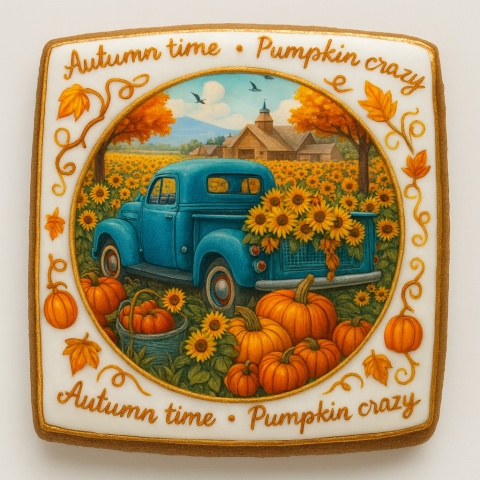 Ciastko lukrowane SUNFLOWERS PUMPKINS roz.S KWADRAT JESIEŃ ręcznie robione Ciastko lukrowane SUNFLOWERS PUMPKINS roz.S KWADRAT JESIEŃ ręcznie robione