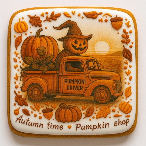 Ciastko lukrowane PUMPKIN DRIVER SUN roz.M KWADRAT ręcznie robione Ciastko lukrowane PUMPKIN DRIVER SUN roz.M KWADRAT ręcznie robione