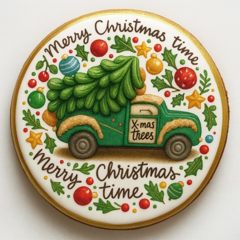 Ciastko lukrowane Pickup z choinką GREEN No7 roz.XL KOŁO ręcznie robione Ciastko lukrowane Pickup z choinką GREEN No7 roz.XL KOŁO ręcznie robione