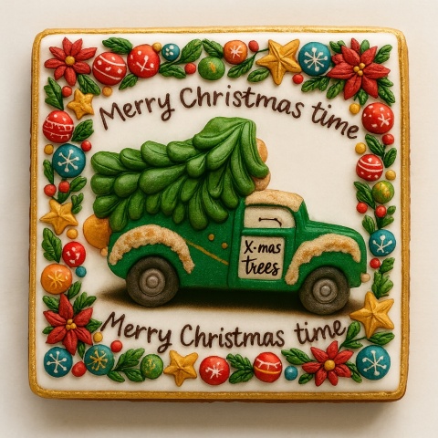 Ciastko lukrowane Pickup z choinką GREEN No7 roz.XL KWADRAT AT ręcznie robione Ciastko lukrowane Pickup z choinką GREEN No7 roz.XL KWADRAT AT ręcznie robione