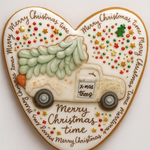 Ciastko lukrowane Pickup z choinką SNOW SERCE No7 roz.XL ręcznie robione Ciastko lukrowane Pickup z choinką SNOW SERCE No7 roz.XL ręcznie robione
