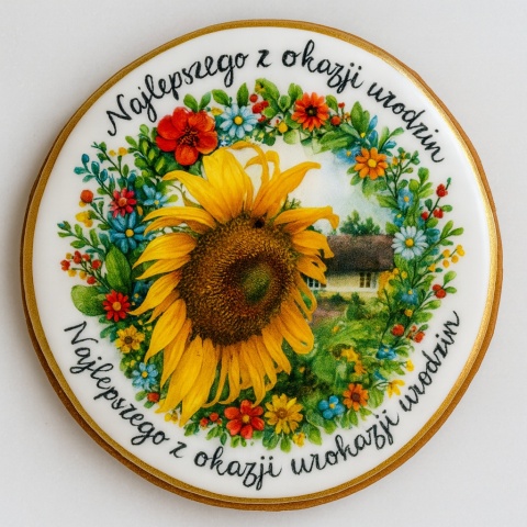 Ciastko lukrowane Życzenia KWIATY SŁONECZNIK KOŁO No.2 roz.XL ręcznie robione Ciastko lukrowane Życzenia KWIATY SŁONECZNIK KOŁO No.2 roz.XL ręcznie robione
