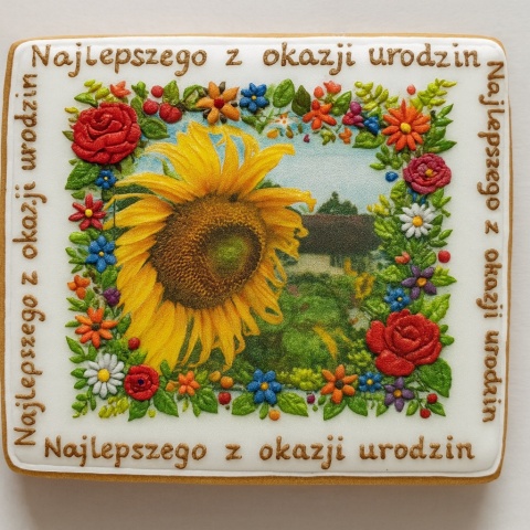 Ciastko lukrowane Życzenia KWIATY SŁONECZNIK POZIOM No.2 roz.XL ręcznie robione Ciastko lukrowane Życzenia KWIATY SŁONECZNIK POZIOM No.2 roz.XL ręcznie robione