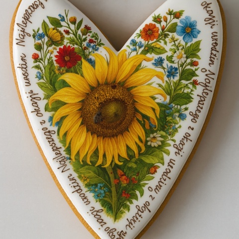 Ciastko lukrowane Życzenia KWIATY SŁONECZNIK SERCE No.2 roz.XL ręcznie robione Ciastko lukrowane Życzenia KWIATY SŁONECZNIK SERCE No.2 roz.XL ręcznie robione