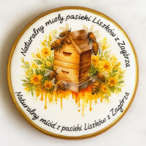Ciastko lukrowane Logo pasieka pamiątka MIODEK KOŁO No.4 roz.L ręcznie robione