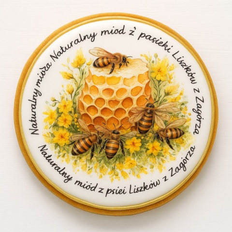 Ciastko lukrowane Logo pasieka pamiątka MIODEK KOŁO No.5 roz.S ręcznie robione Ciastko lukrowane Logo pasieka pamiątka MIODEK KOŁO No.5 roz.S ręcznie robione