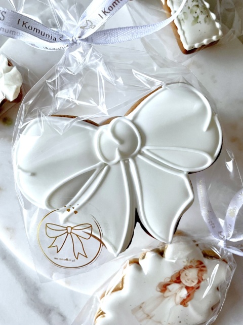Ciastko lukrowane biała kokarda komunia chrzest podziękowanie prezent dla gości pamiątka