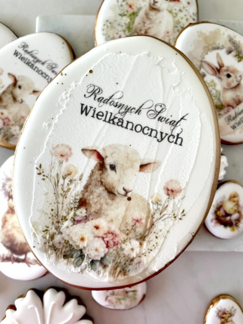 Ciastko lukrowane pisanka wielkanocna jajo do koszyczka owieczka życzeniami świątecznymi XL