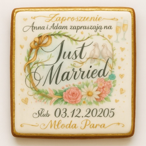 Ciastko lukier Ślub Zaproszenie  Just Married Personalizuj