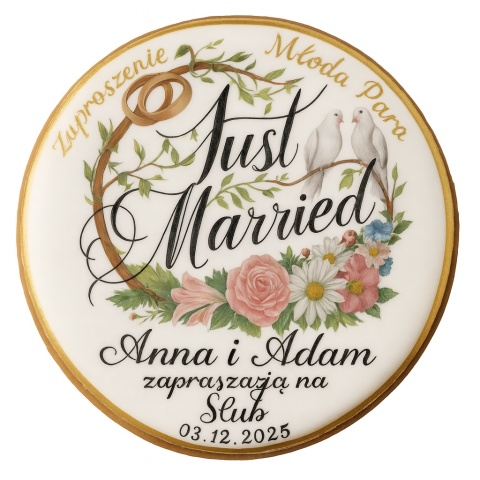 Ciastko lukier Ślub Zaproszenie  Just Married Personalizuj