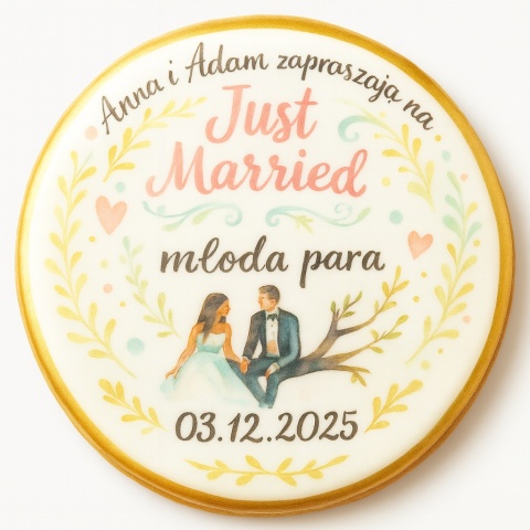 Ciastko lukier Ślub Zaproszenie  Just Married Personalizuj