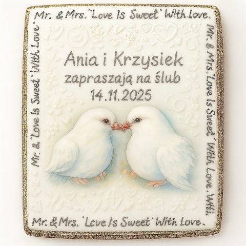 Ciastko lukier Ślub Zaproszenie  Para gołąbków Personalizuj