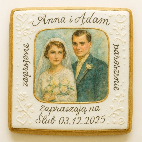 Ciastko lukier Ślub Zaproszenie  Zaproszenie ślubne na ciastku Personalizuj