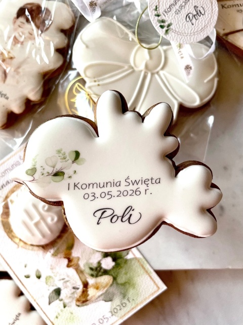 Ciastko lukrowane gołąbek gałązka eukaliptusa imię komunia chrzest podziękowanie prezent dla gości pamiątka