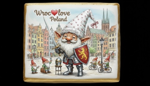 Ciastko lukier Pamiątka Krasnal wrocławski w rycerskiej zbroi walczy o uś
