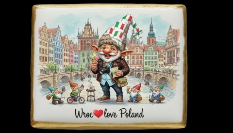 Ciastko lukier Pamiątka Krasnal wrocławski z aparatem w dłoni 

W sercu