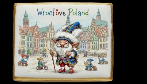 Ciastko lukier Pamiątka  Krasnal wrocławski z turystycznym błyskiem

Wyj