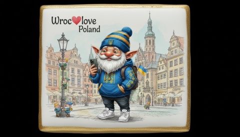 Ciastko lukier Pamiątka Turystyczny krasnal wrocławski selfie i kapelus