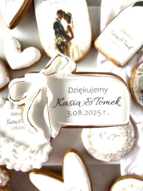 Ciastko lukrowane ślub winietka podziękowanie dla gości kokarda