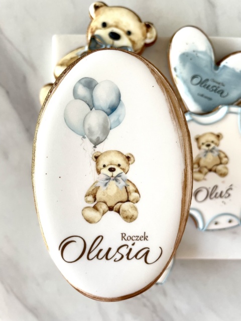 Ciastko lukirowane plakietka niebieski miś z balonami chłopiec chrzest roczek podziękowanie
