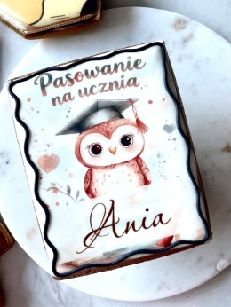 Ciastko lukrowane Imię pasowanie na ucznia sowa