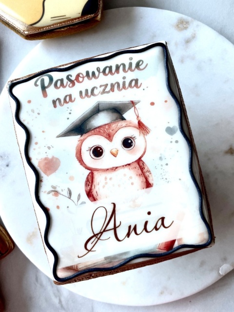Ciastko lukrowane Imię pasowanie na ucznia sowa