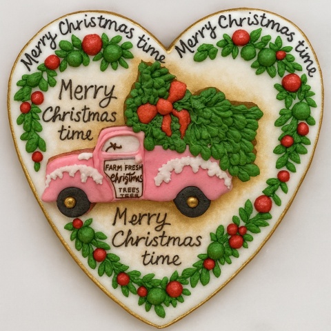 Ciastko lukrowane Pickup z choinką serce No1 roz.XL ręcznie robione Ciastko lukrowane Pickup z choinką serce No1 roz.XL ręcznie robione