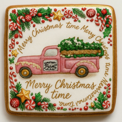 Ciastko lukrowane Pickup z choinką kwadr No5 roz.XL ręcznie robione Ciastko lukrowane Pickup z choinką kwadr No5 roz.XL ręcznie robione