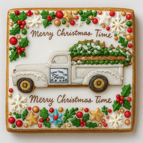 Ciastko lukrowane Pickup z choinką kwadr No6 rozXL ręcznie robione Ciastko lukrowane Pickup z choinką kwadr No6 rozXL ręcznie robione